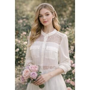 Charming Charlie White Lace Panel Button Up Blouse Size Medium Roll Tab Sleeves